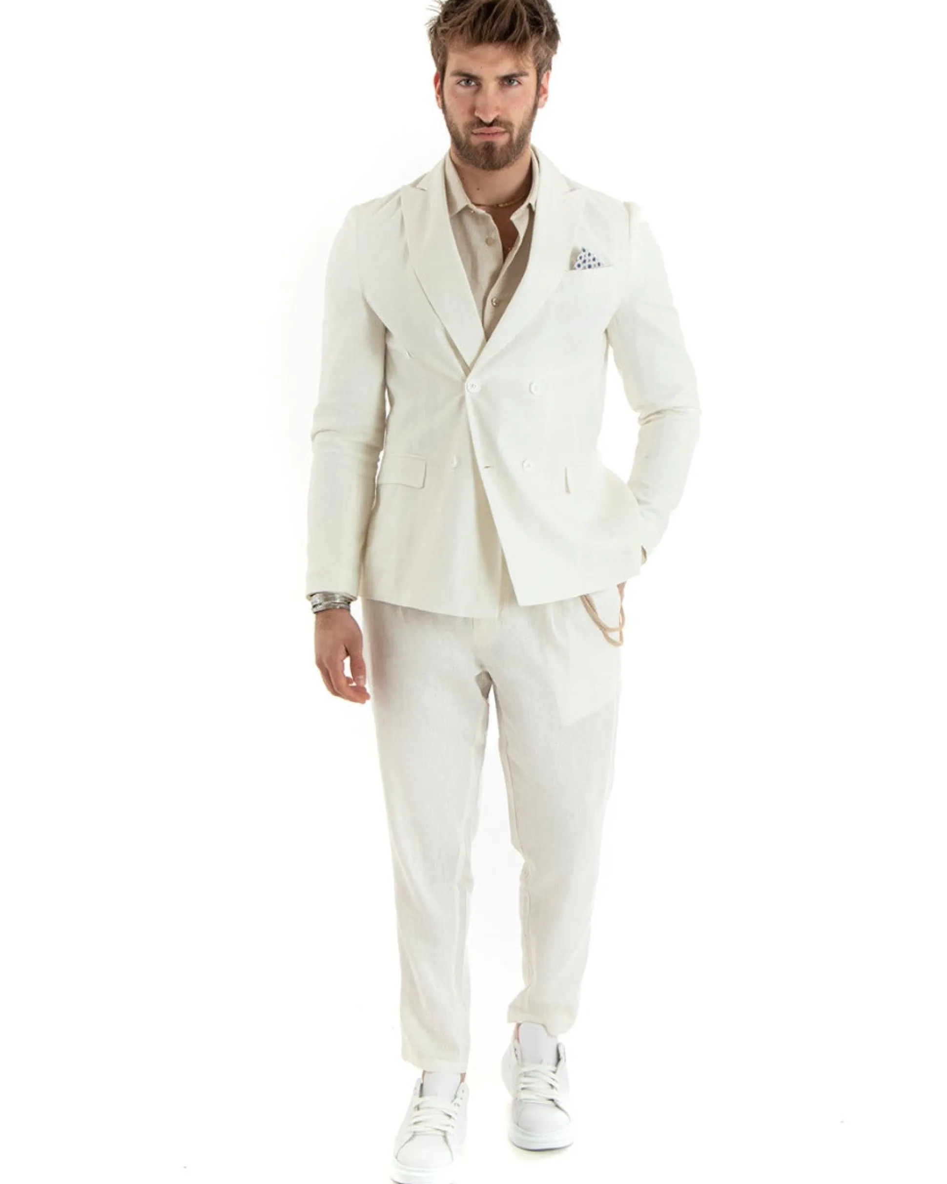 Giacca Uomo Doppiopetto Lino Tinta Unita Panna Sartoriale Cerimonia Elegante Casual GIOSAL-G3064A
