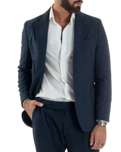 Giacca Uomo Lana Monopetto Puntinata Tinta Unita Blu BZ1002A
