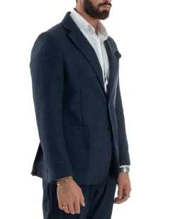 Giacca Uomo Lana Monopetto Puntinata Tinta Unita Blu BZ1002A