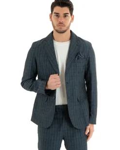 Giacca Uomo Lino Monopetto Quadri Blu Cerimonia Elegante Casual GIOSAL-G2851A