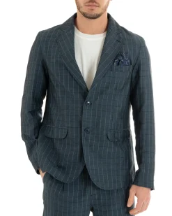 Giacca Uomo Lino Monopetto Quadri Blu Cerimonia Elegante Casual GIOSAL-G2851A