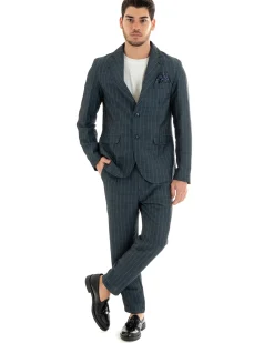 Giacca Uomo Lino Monopetto Quadri Blu Cerimonia Elegante Casual GIOSAL-G2851A