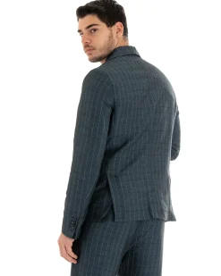 Giacca Uomo Lino Monopetto Quadri Blu Cerimonia Elegante Casual GIOSAL-G2851A