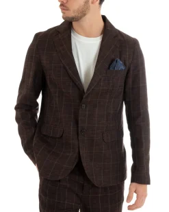 Giacca Uomo Lino Monopetto Quadri Marrone Cerimonia Elegante Casual GIOSAL-G2850A