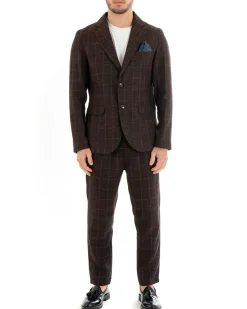 Giacca Uomo Lino Monopetto Quadri Marrone Cerimonia Elegante Casual GIOSAL-G2850A