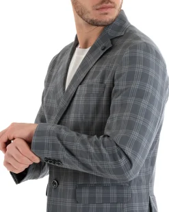Giacca Uomo Lino Monopetto Quadri Grigio Cerimonia Elegante Casual GIOSAL-G3047A