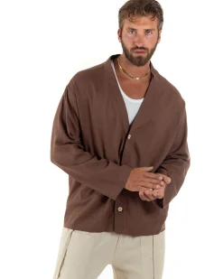 Giacca uomo lino scollo a v relaxed fit tasconi marrone GIOSAL-G3403A