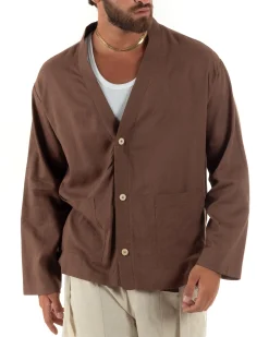 Giacca uomo lino scollo a v relaxed fit tasconi marrone GIOSAL-G3403A