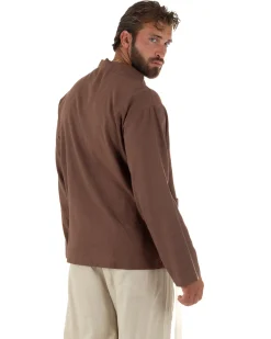 Giacca uomo lino scollo a v relaxed fit tasconi marrone GIOSAL-G3403A
