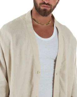 Giacca uomo lino scollo a v relaxed fit tasconi beige GIOSAL-G3402A