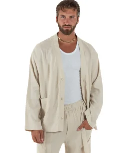 Giacca uomo lino scollo a v relaxed fit tasconi beige GIOSAL-G3402A