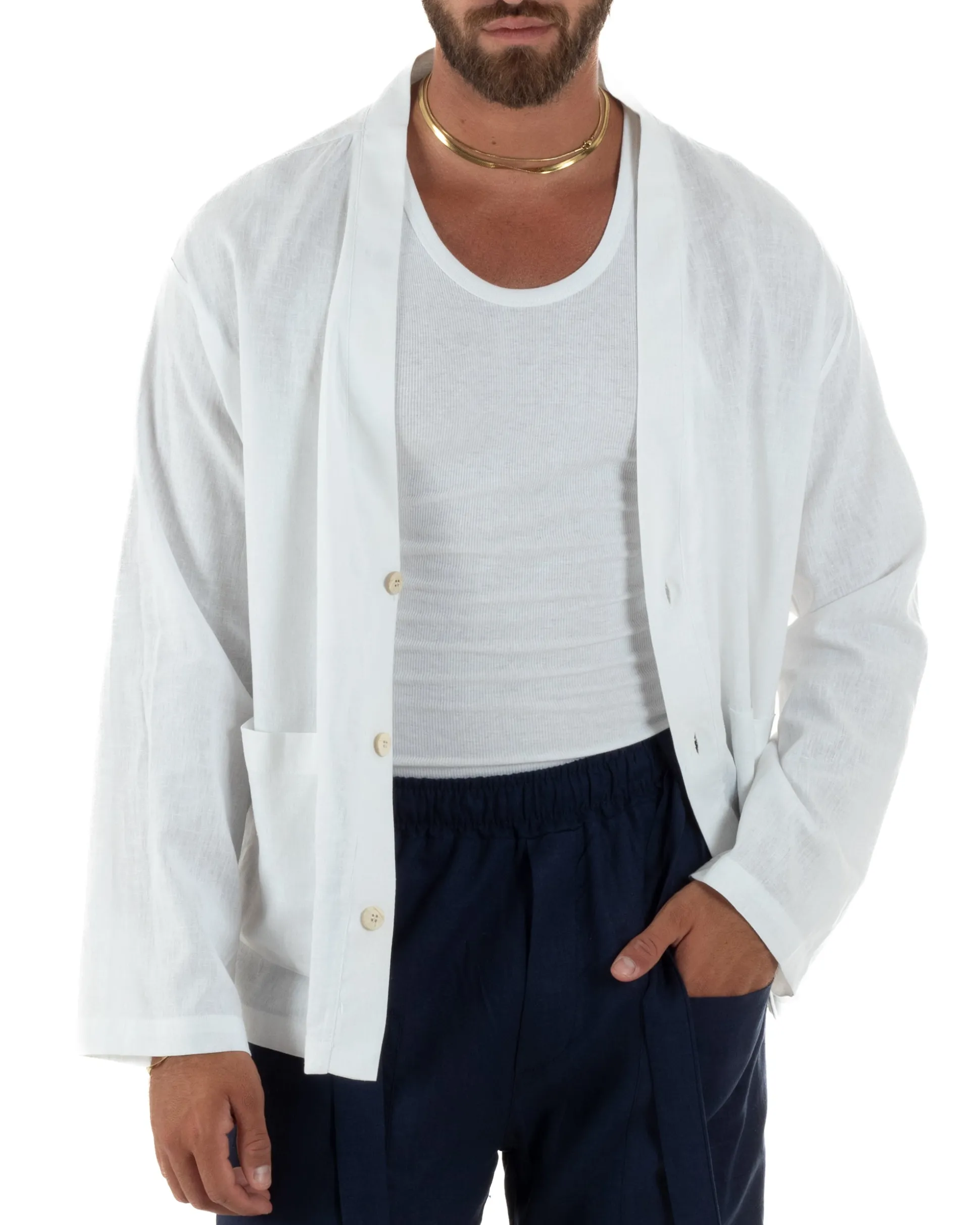 Giacca uomo lino scollo a v relaxed fit tasconi bianco GIOSAL-G3401A