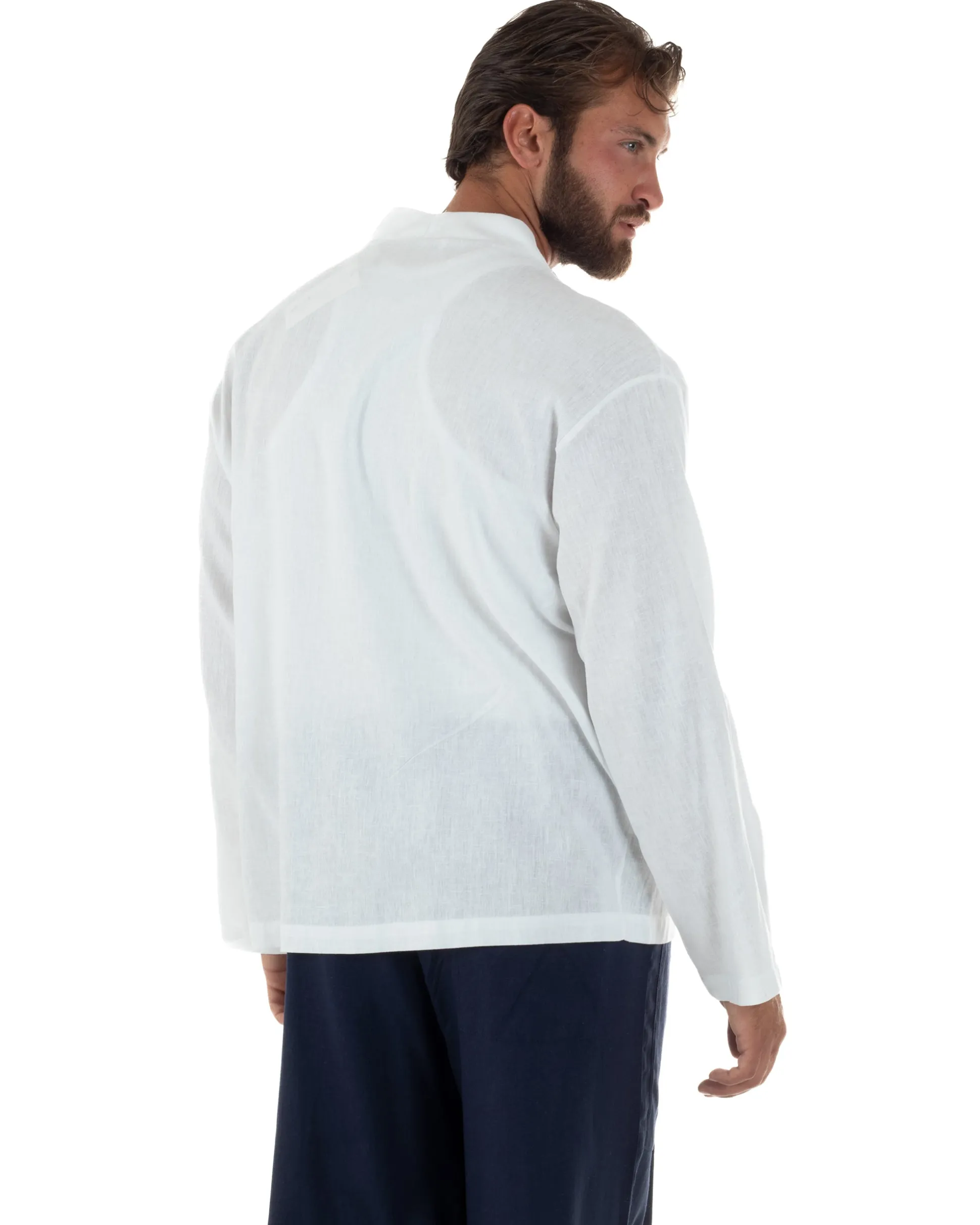 Giacca uomo lino scollo a v relaxed fit tasconi bianco GIOSAL-G3401A