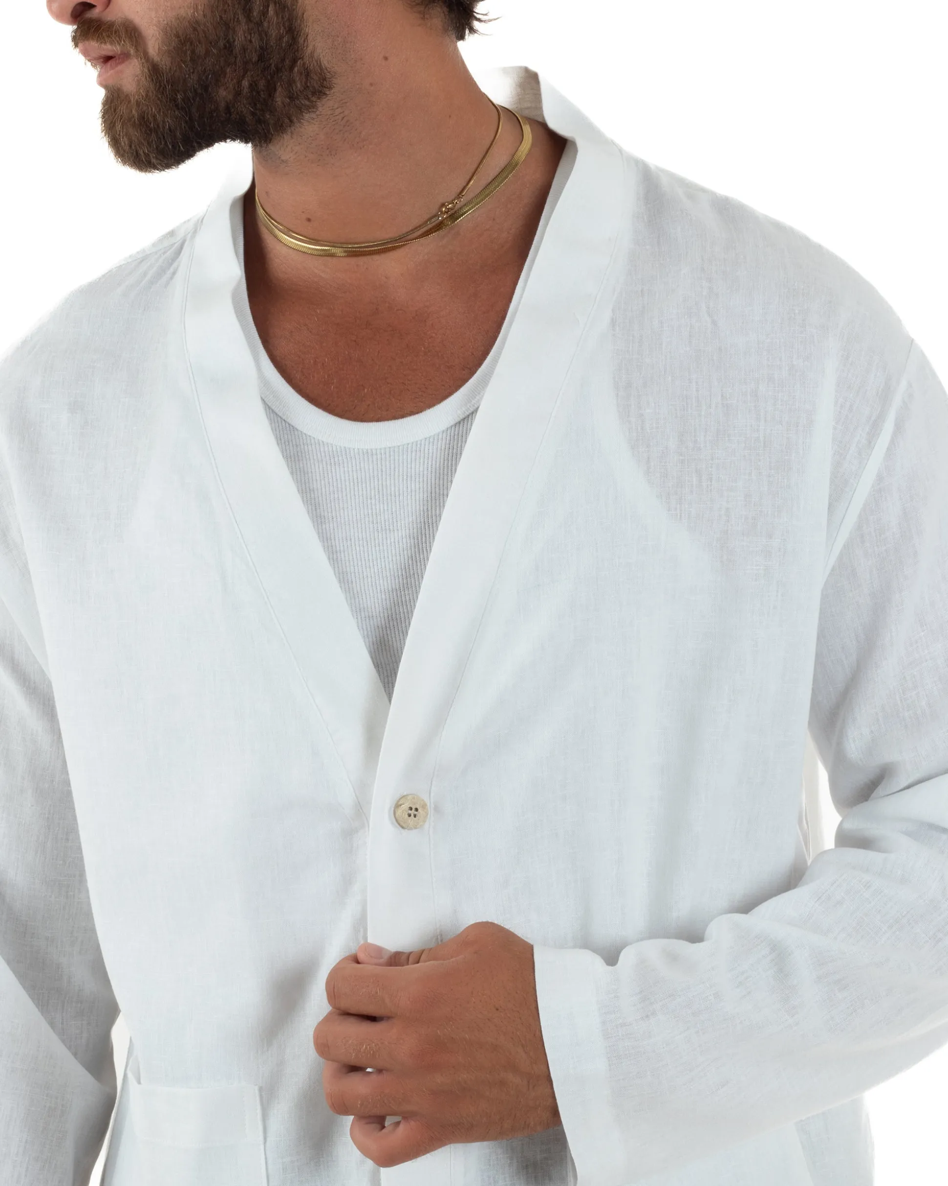 Giacca uomo lino scollo a v relaxed fit tasconi bianco GIOSAL-G3401A