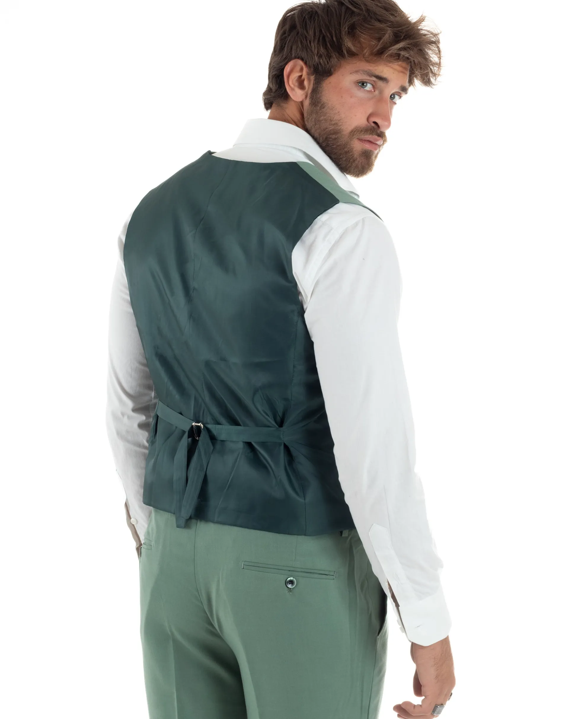 Gilet Uomo Smanicato Regolabile Doppiopetto Scollo a V Slim Fit Casual Elegante Basic Tinta Unita Verde Salvia GIOSAL-G3315A