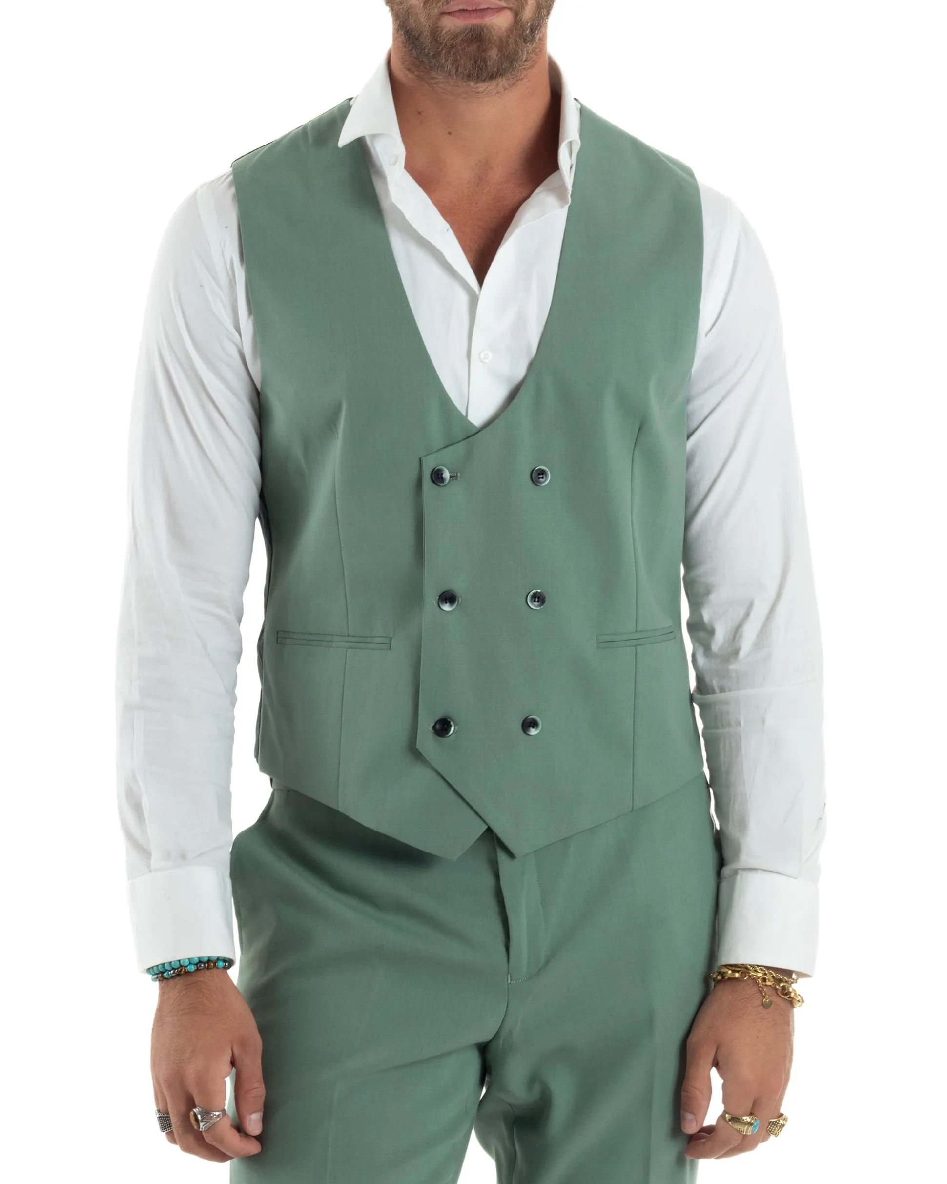 Gilet Uomo Smanicato Regolabile Doppiopetto Scollo a V Slim Fit Casual Elegante Basic Tinta Unita Verde Salvia GIOSAL-G3315A