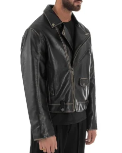 Giubbotto Crop Oversize Chiodo Ecopelle Vintage Nero G3345A
