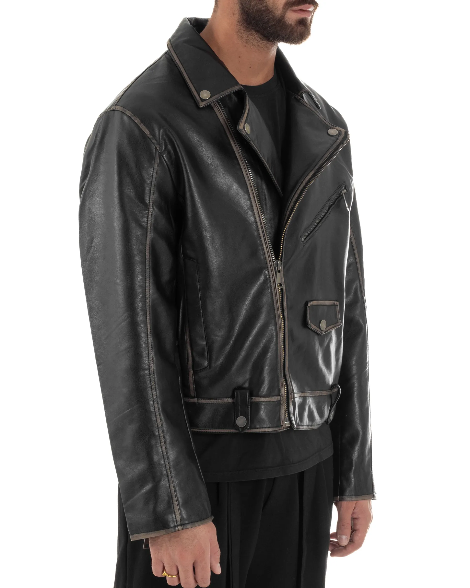 Giubbotto Crop Oversize Chiodo Ecopelle Vintage Nero G3345A