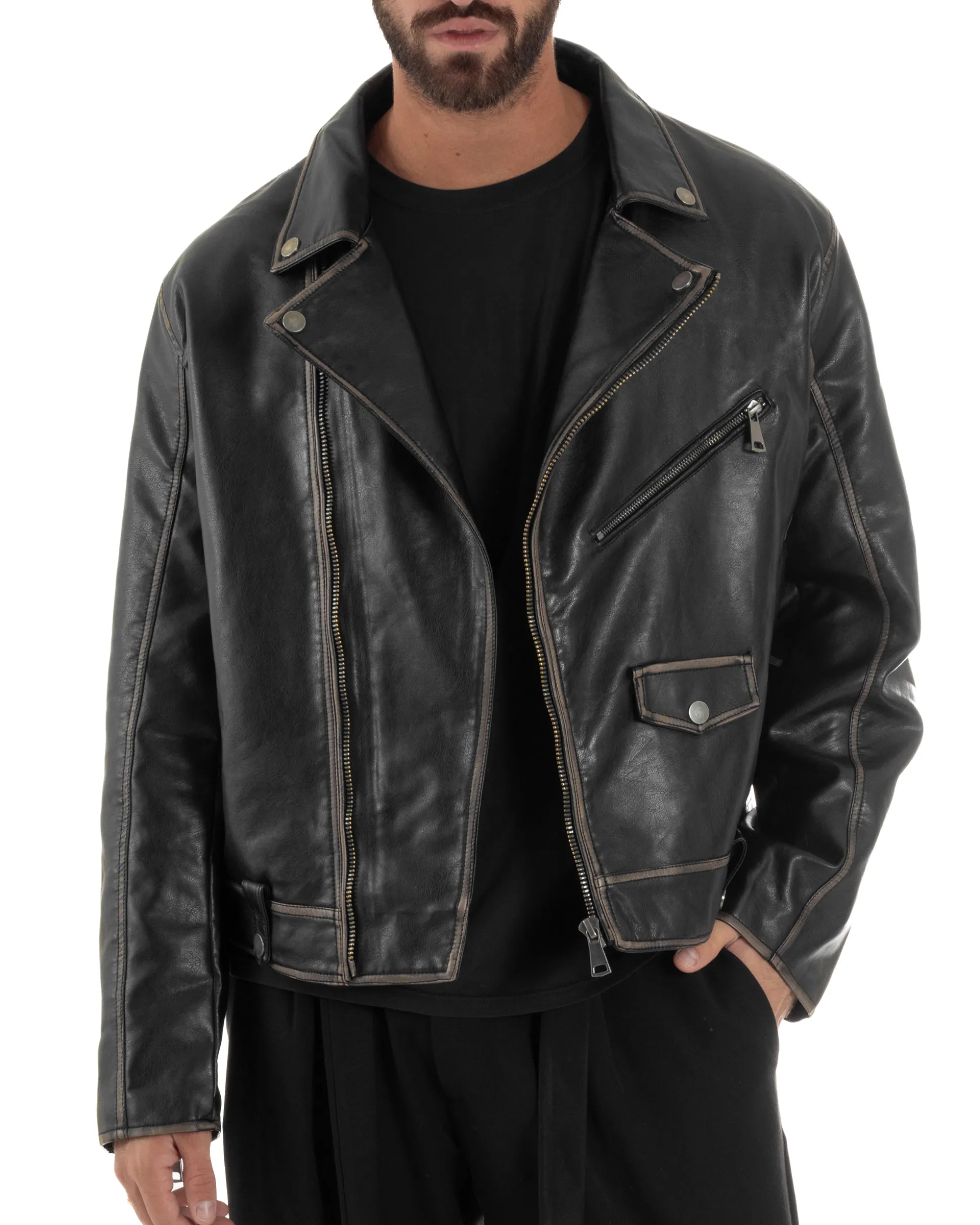 Giubbotto Crop Oversize Chiodo Ecopelle Vintage Nero G3345A