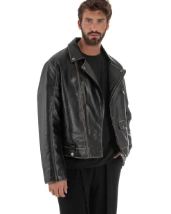 Giubbotto Crop Oversize Chiodo Ecopelle Vintage Nero G3345A