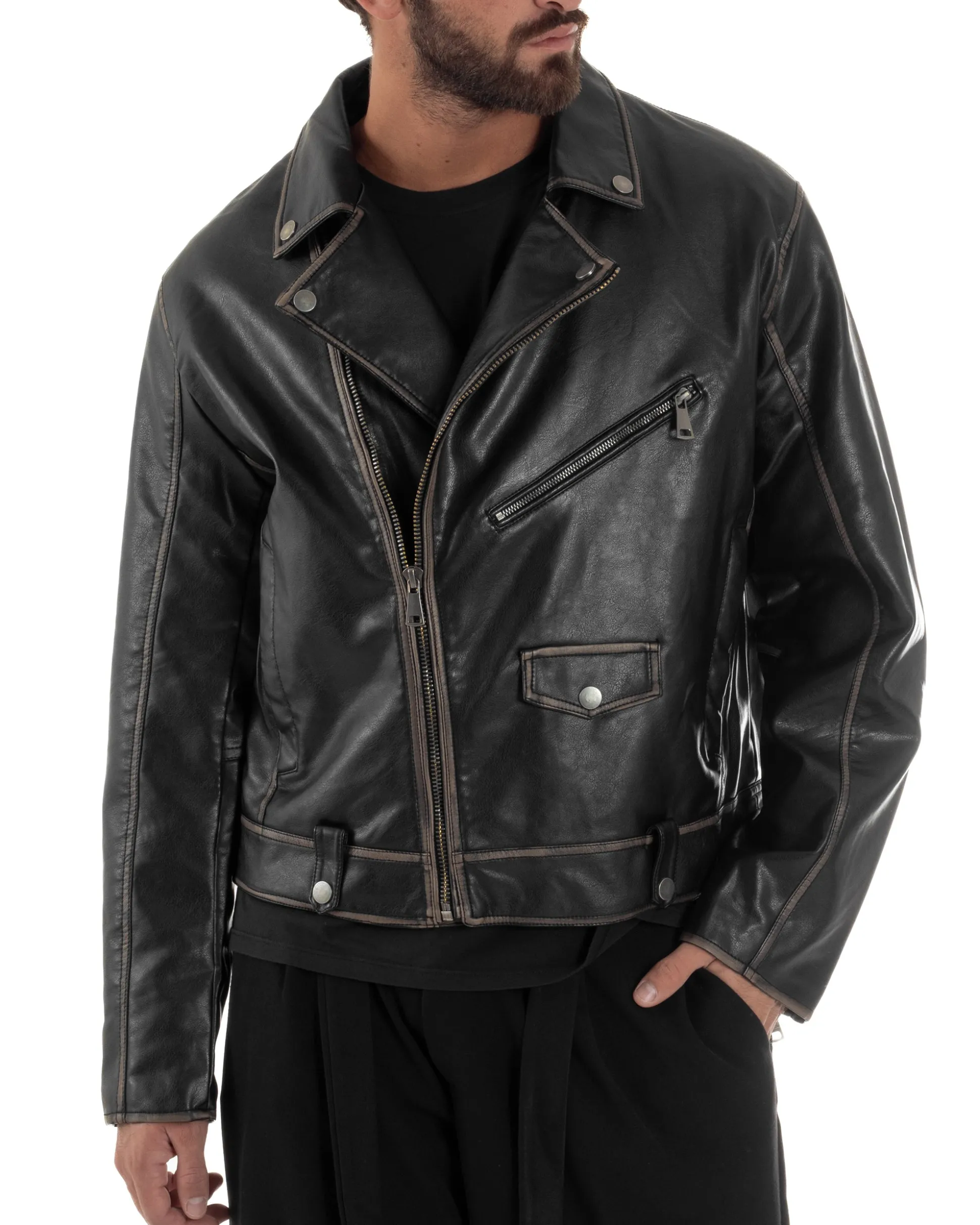 Giubbotto Crop Oversize Chiodo Ecopelle Vintage Nero G3345A