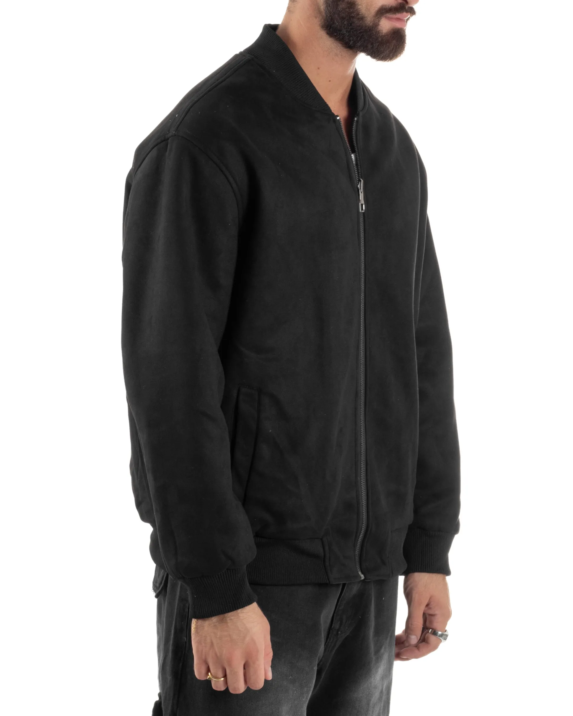 Giubbotto Double Face Bomber College Ecopelle Camoscio Nero G3340A