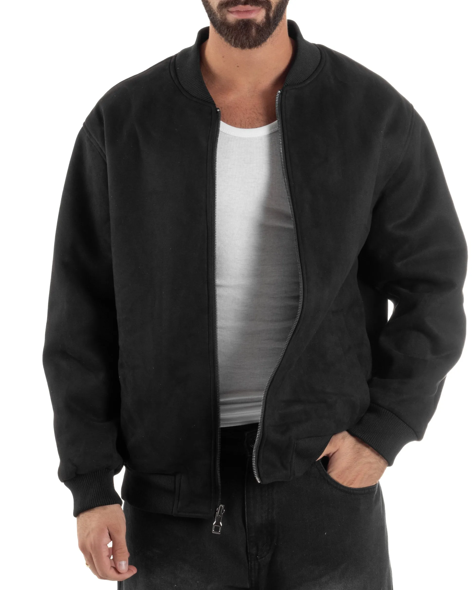 Giubbotto Double Face Bomber College Ecopelle Camoscio Nero G3340A