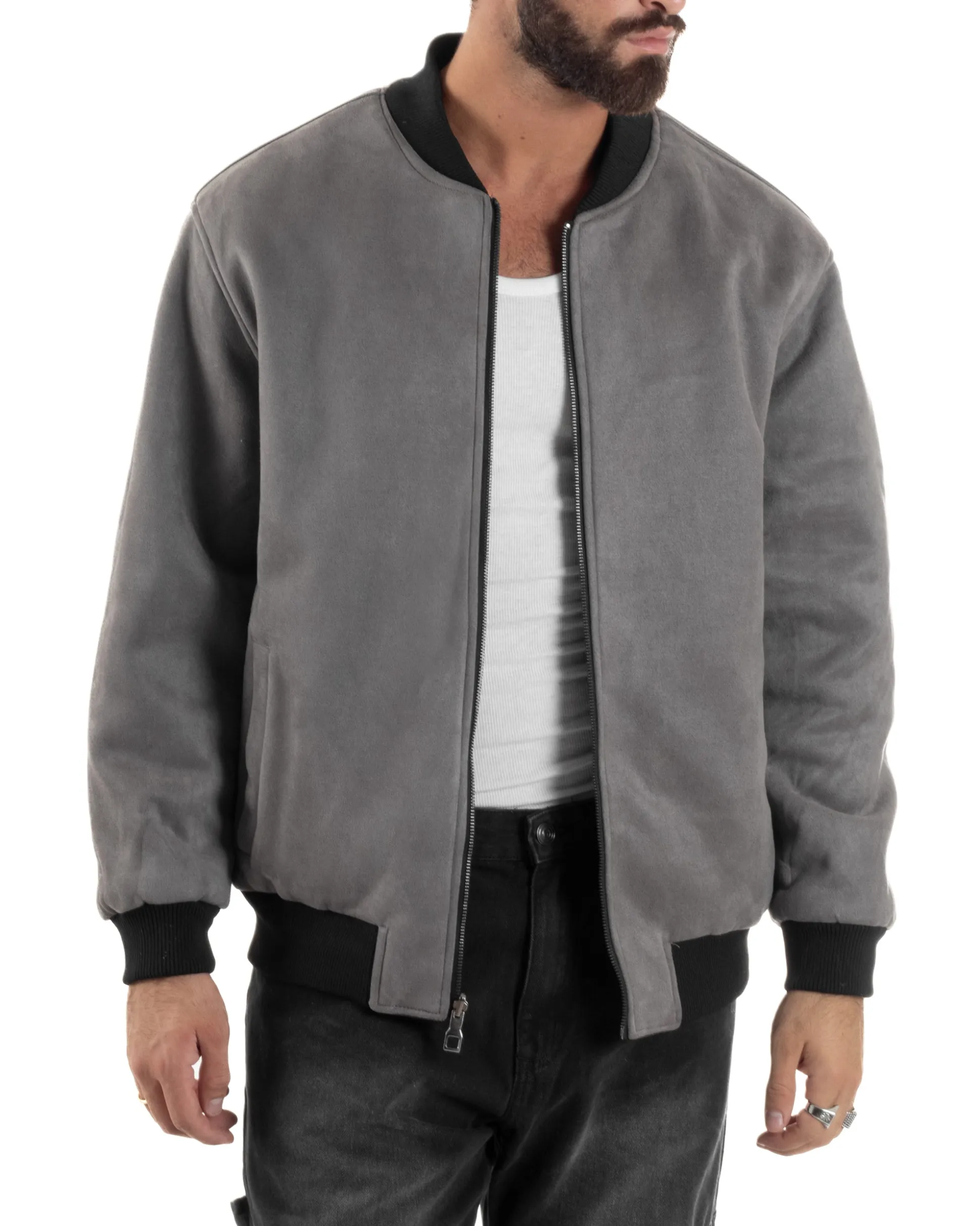 Giubbotto Double Face Bomber College Ecopelle Camoscio Grigio G3341A