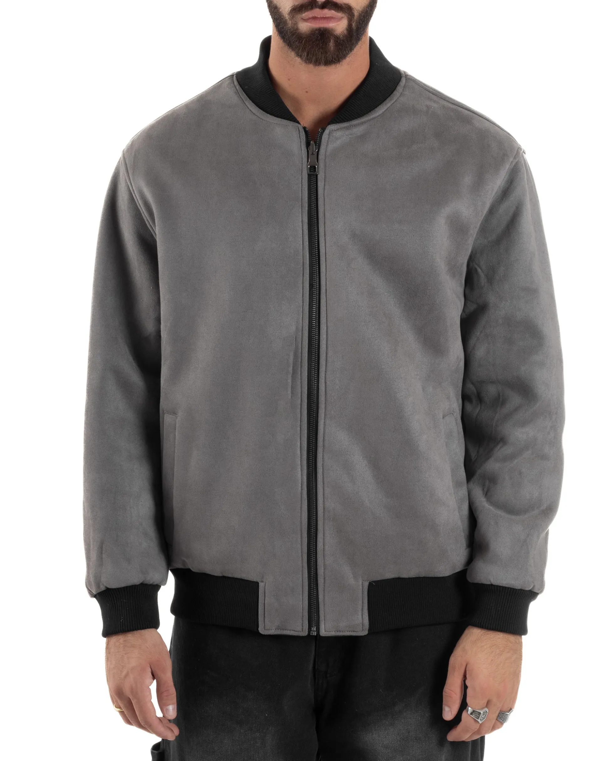Giubbotto Double Face Bomber College Ecopelle Camoscio Grigio G3341A