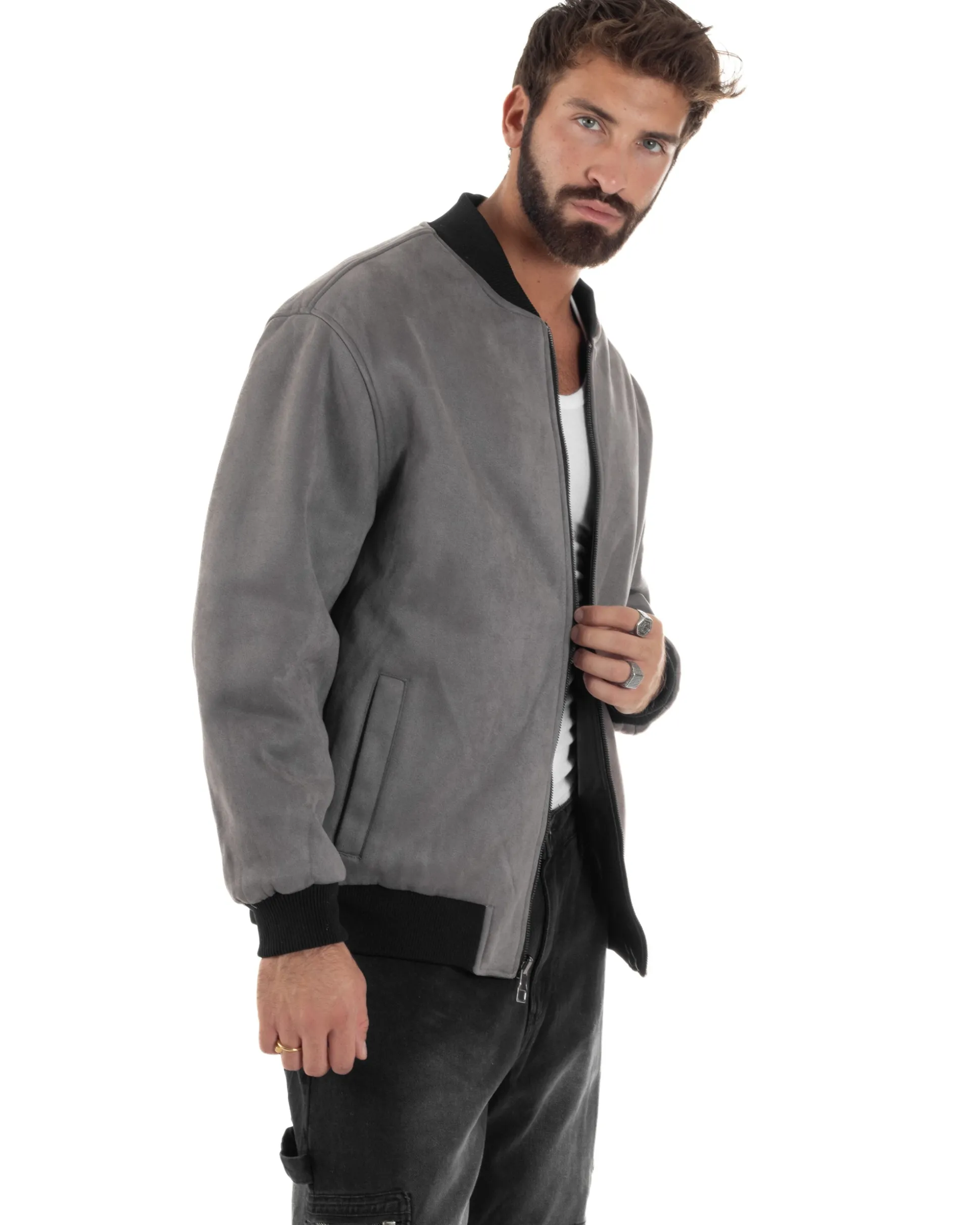 Giubbotto Double Face Bomber College Ecopelle Camoscio Grigio G3341A