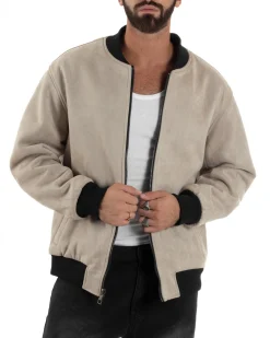 Giubbotto Double Face Bomber College Ecopelle Camoscio Beige G3342A