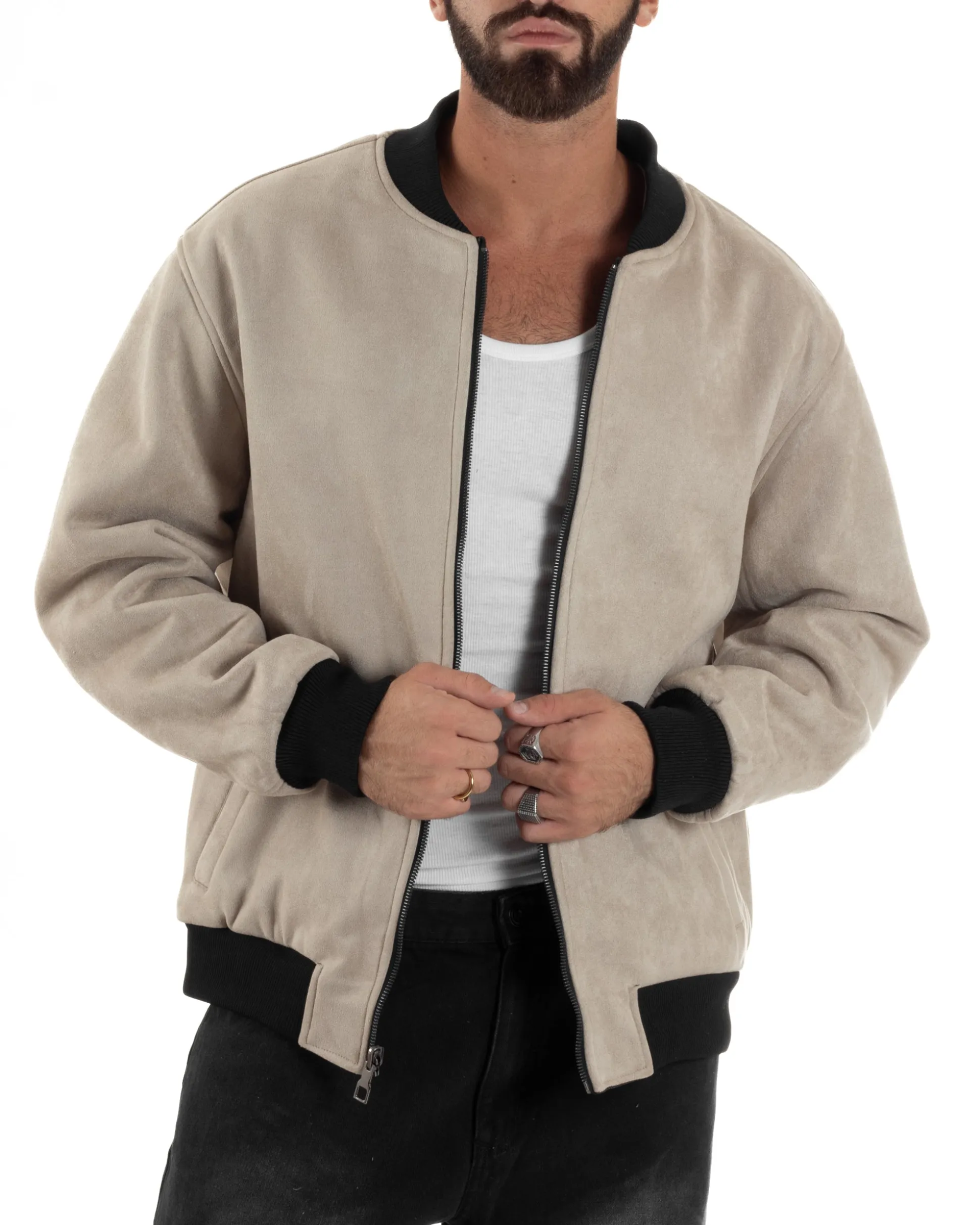 Giubbotto Double Face Bomber College Ecopelle Camoscio Beige G3342A