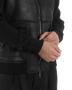 Giubbotto Ecopelle Maniche Maglia College Collo Pelliccia Nero G3346A
