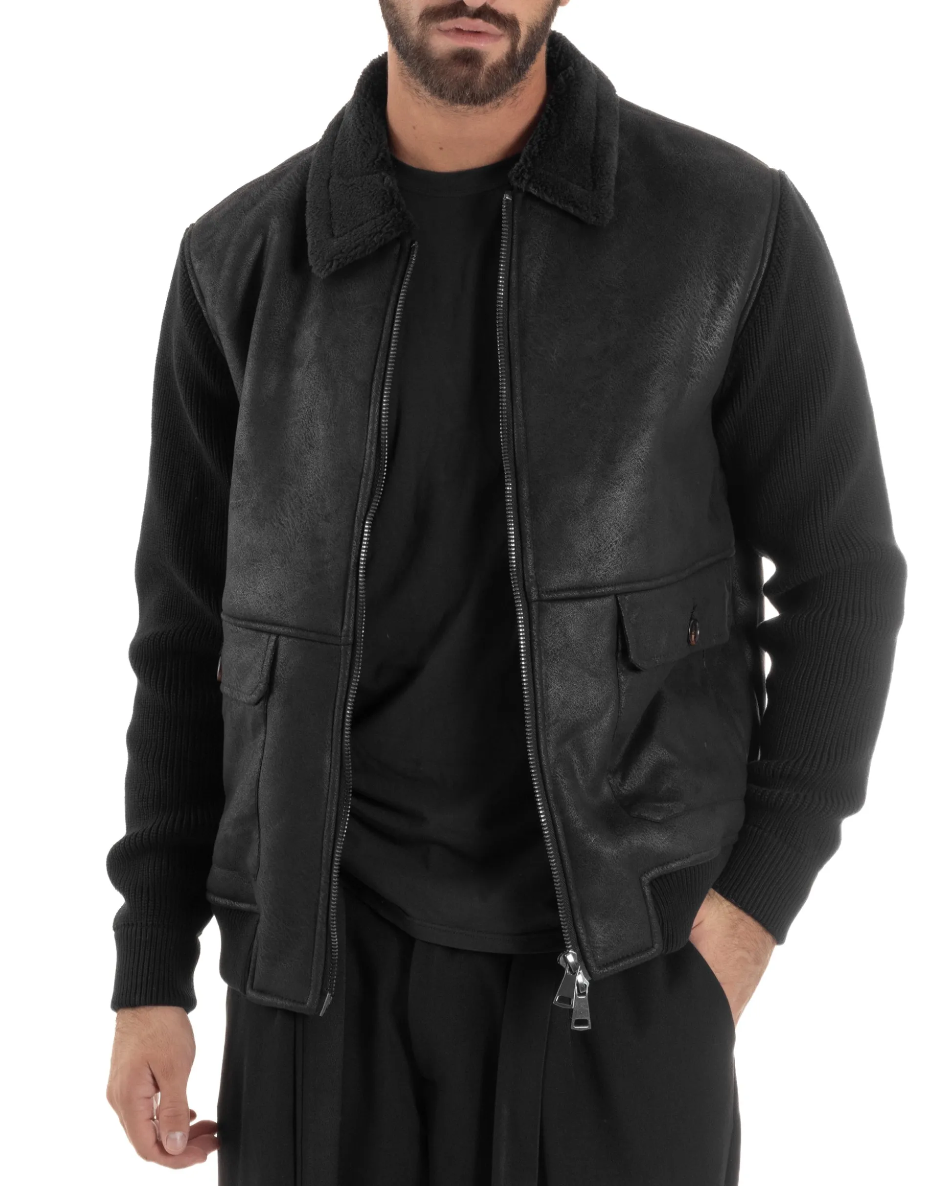 Giubbotto Ecopelle Maniche Maglia College Collo Pelliccia Nero G3346A