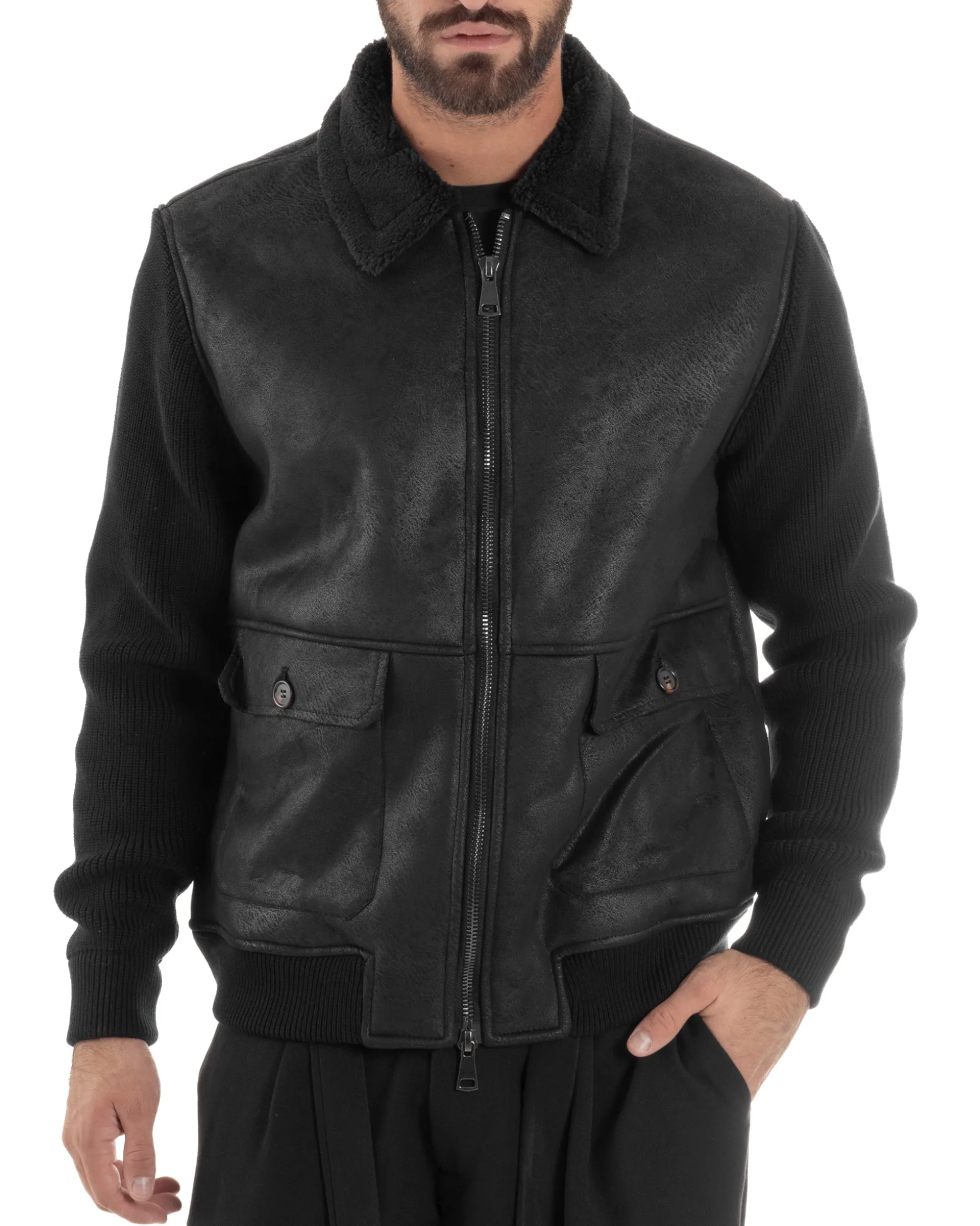 Giubbotto Ecopelle Maniche Maglia College Collo Pelliccia Nero G3346A