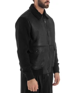 Giubbotto Ecopelle Maniche Maglia College Collo Pelliccia Nero G3346A