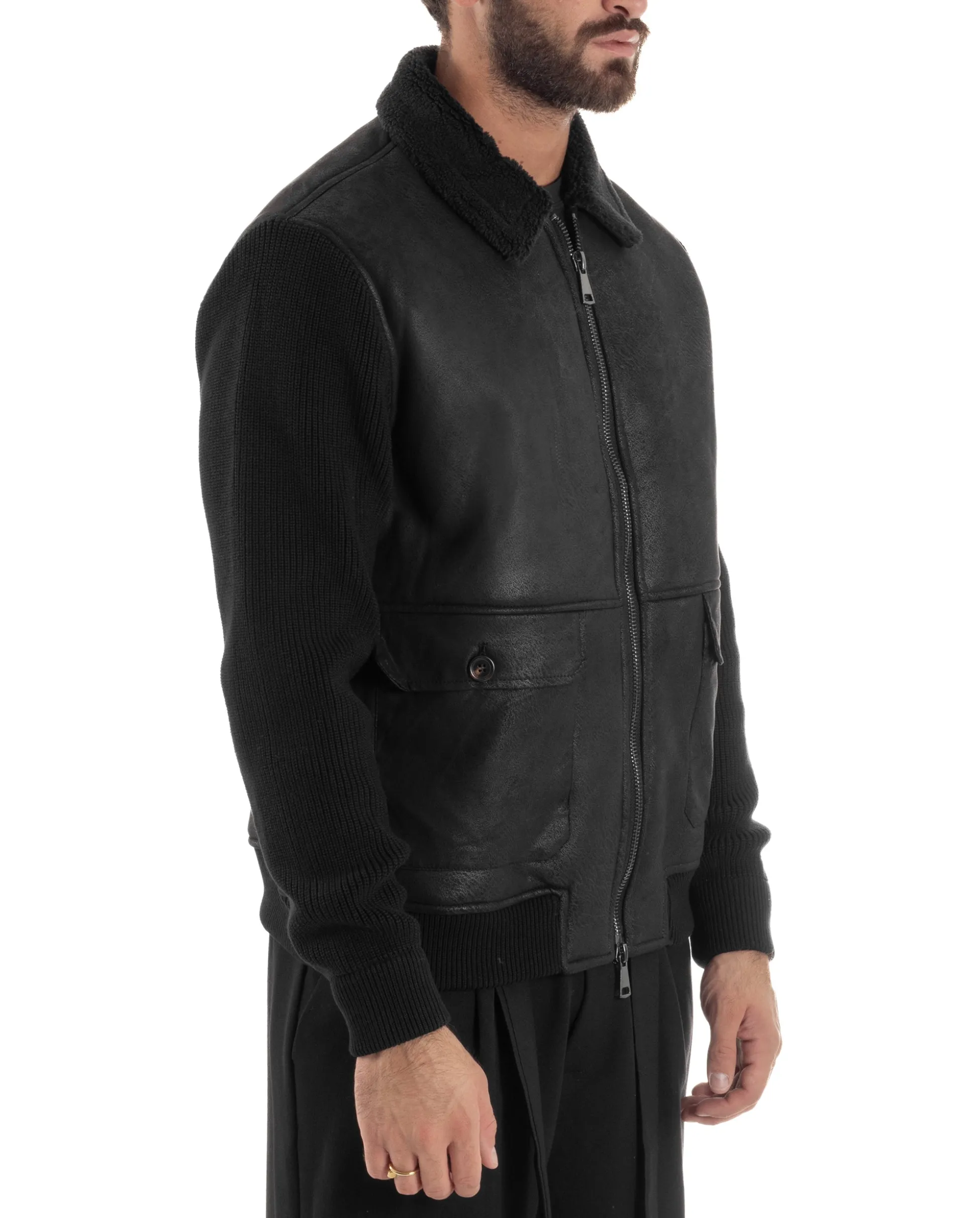 Giubbotto Ecopelle Maniche Maglia College Collo Pelliccia Nero G3346A