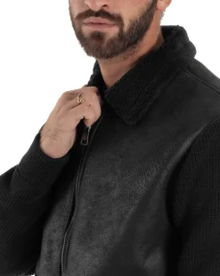 Giubbotto Ecopelle Maniche Maglia College Collo Pelliccia Nero G3346A