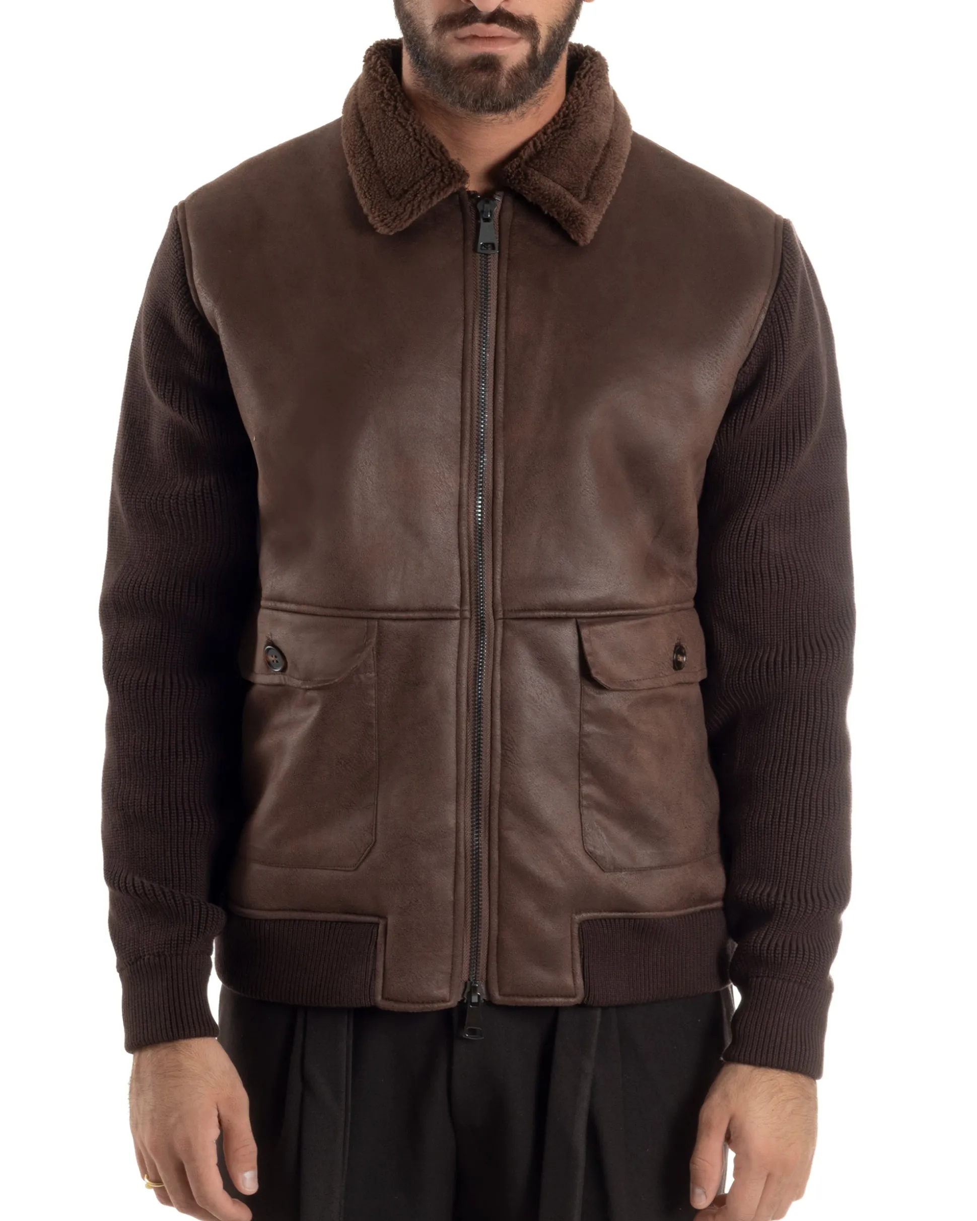 Giubbotto Ecopelle Maniche Maglia College Collo Pelliccia Marrone G3347A
