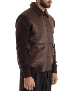 Giubbotto Ecopelle Maniche Maglia College Collo Pelliccia Marrone G3347A