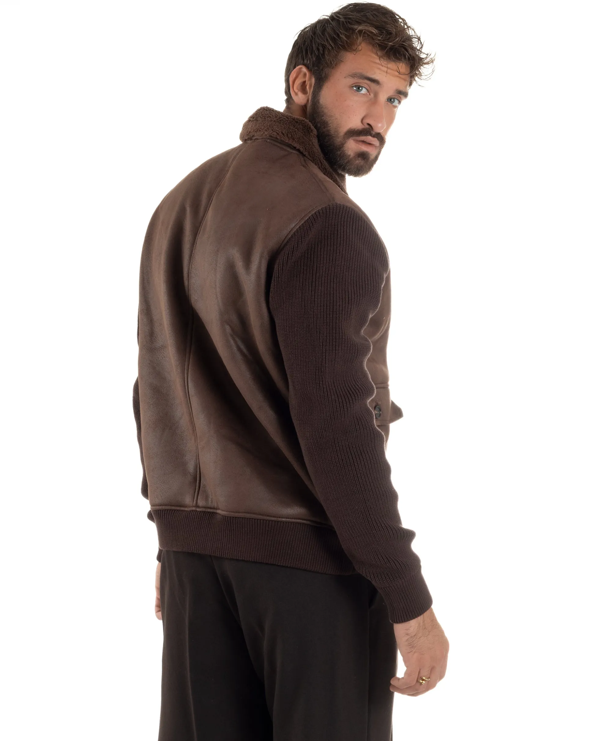 Giubbotto Ecopelle Maniche Maglia College Collo Pelliccia Marrone G3347A