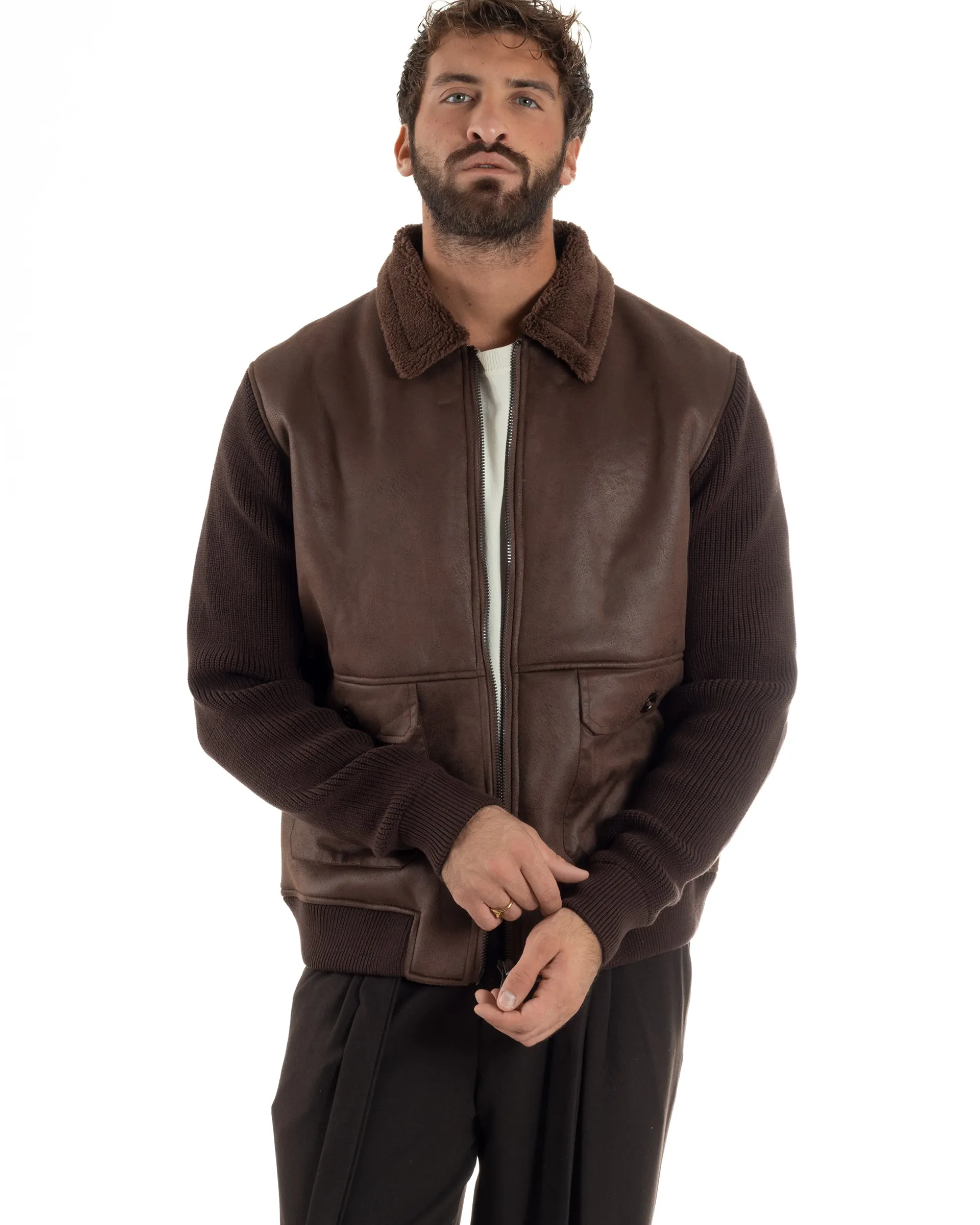 Giubbotto Ecopelle Maniche Maglia College Collo Pelliccia Marrone G3347A