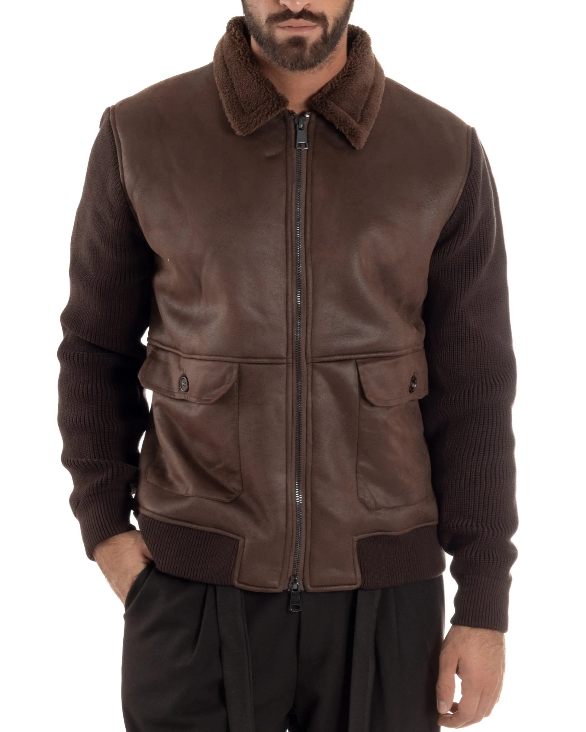 Giubbotto Ecopelle Maniche Maglia College Collo Pelliccia Marrone G3347A