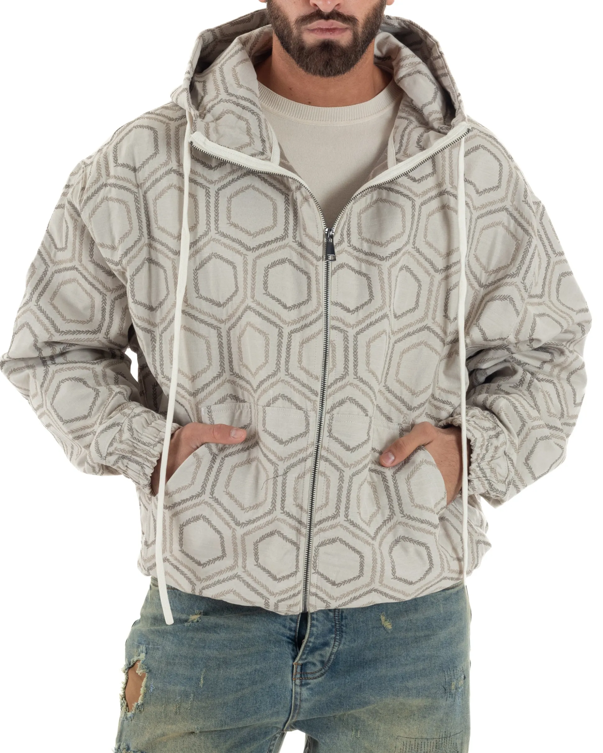 Giubbotto giacca bomber uomo cappuccio oversize crop beige GIOSAL-G3398A