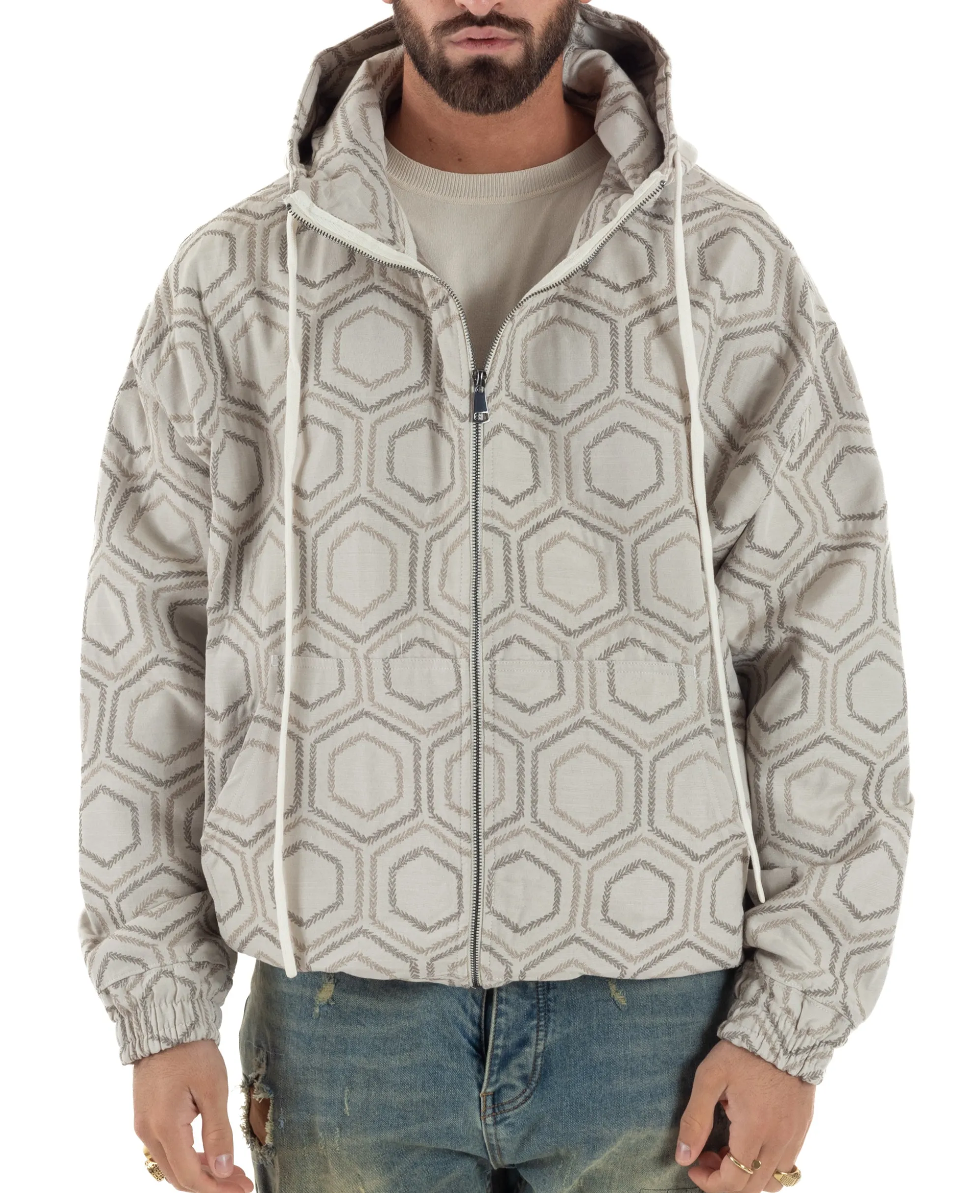 Giubbotto giacca bomber uomo cappuccio oversize crop beige GIOSAL-G3398A