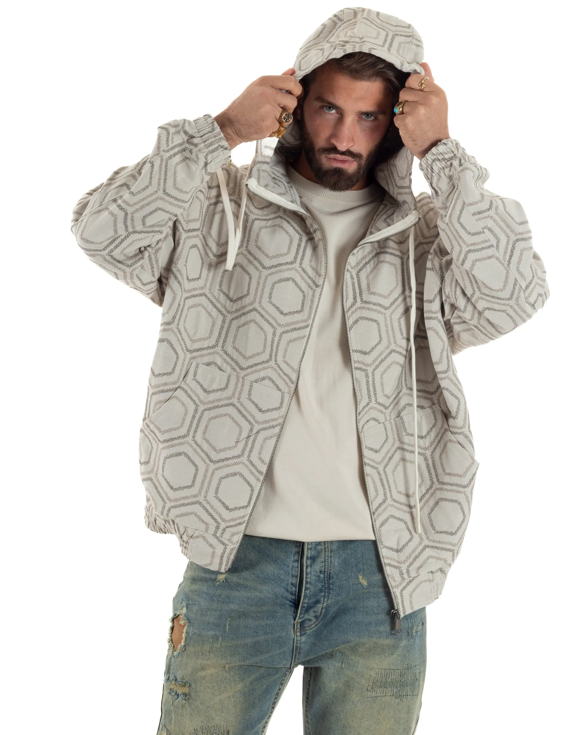 Giubbotto giacca bomber uomo cappuccio oversize crop beige GIOSAL-G3398A