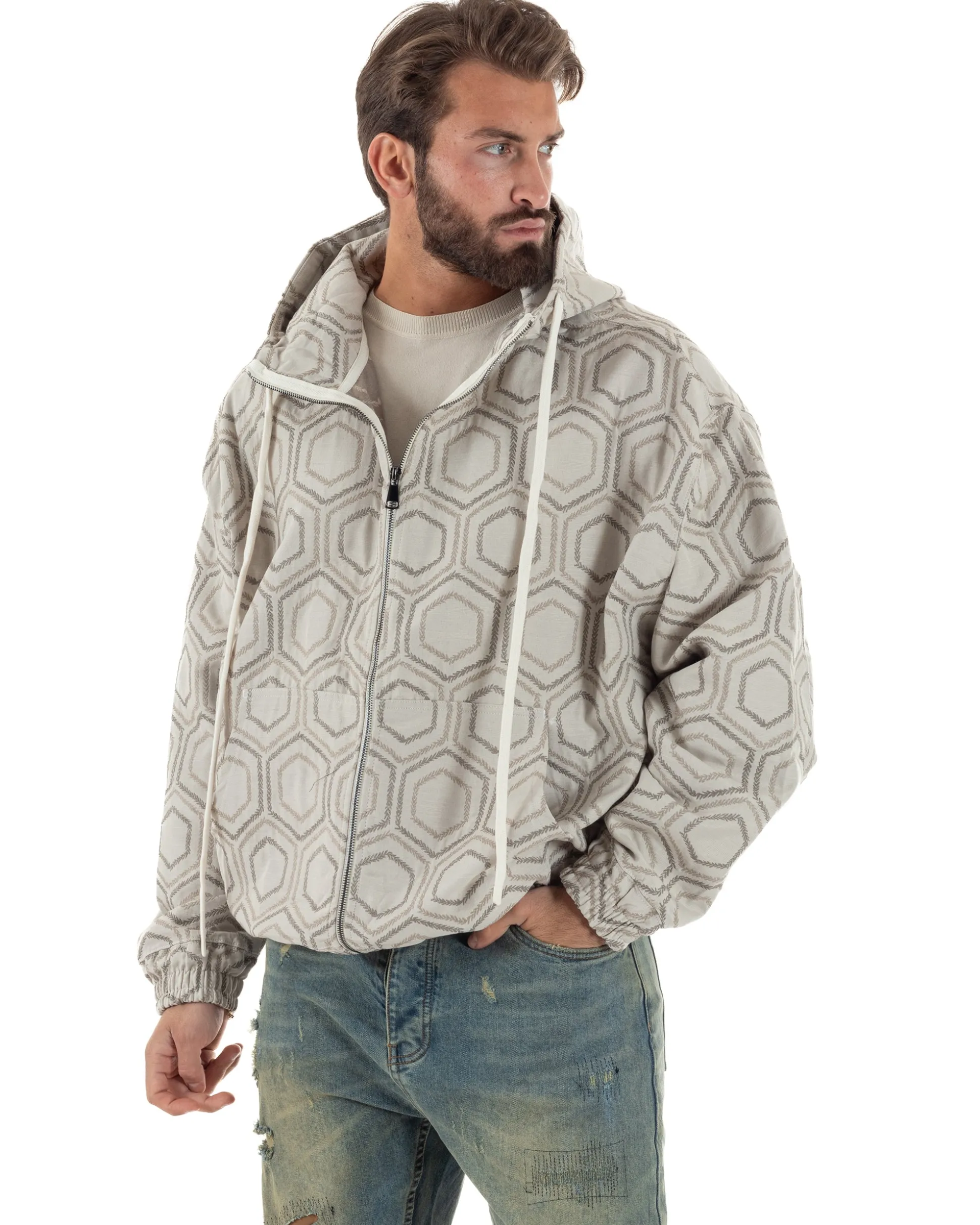 Giubbotto giacca bomber uomo cappuccio oversize crop beige GIOSAL-G3398A