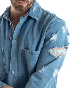 Giubbotto Jeans Uomo Camicione Con Colletto Giacca Con Rotture Denim GIOSAL-G3173A