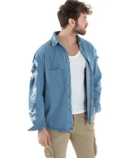 Giubbotto Jeans Uomo Camicione Con Colletto Giacca Con Rotture Denim GIOSAL-G3173A