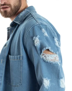 Giubbotto Jeans Uomo Camicione Con Colletto Giacca Con Rotture Denim GIOSAL-G3173A